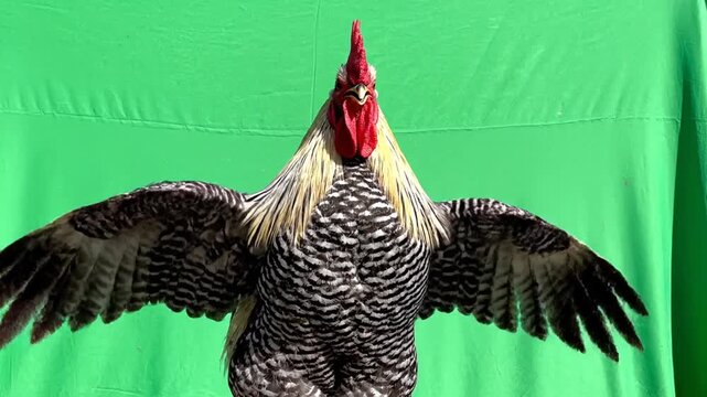 A majestic rooster with speckled feathers and a red comb spreads its wings wide against a vibrant green screen backdrop, ready for chroma keying.