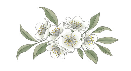 Fototapeta premium Delicate White Jasmine Flowers with Green Leaves Illustration.
