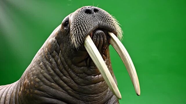 Close-up portrait of a large walrus with long tusks and whiskers against a vibrant green background.