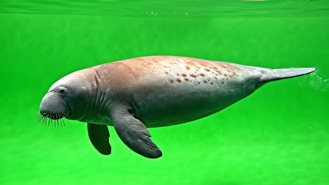 A manatee, a large marine mammal, swimming gracefully in vibrant green underwater environment.