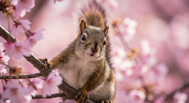 A cute squirrel perched on a blooming cherry blossom branch in spring