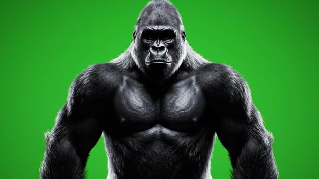 A powerful and muscular silverback gorilla stands prominently against a vibrant green screen background, looking directly forward.