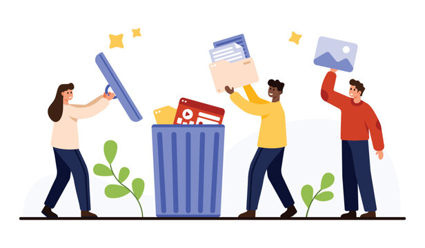 Group of people throwing documents, images, and media files into a trash bin symbolizing file deletion, data cleanup, and digital organization isolated on white background vector illustration