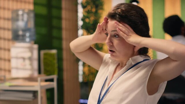 Overworked woman showing signs of chronic exhaustion and burnout, being ineffective and drained due to high responsibility. Weary female with fatigue sitting at desk in modern corporate office.