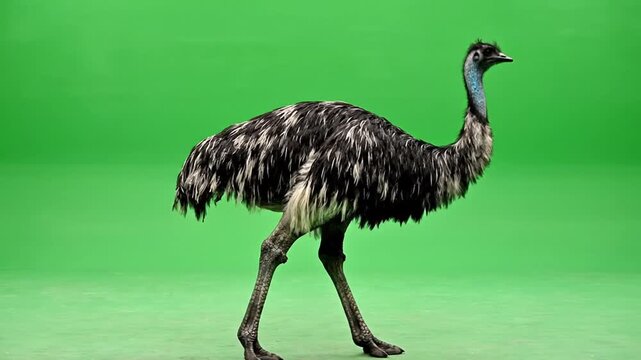 A large emu bird with dark feathers and a long neck walks across a vibrant green screen background in a studio setting.