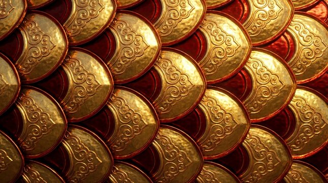 Close-up view of a golden dragon scale pattern with intricate details and a red background.