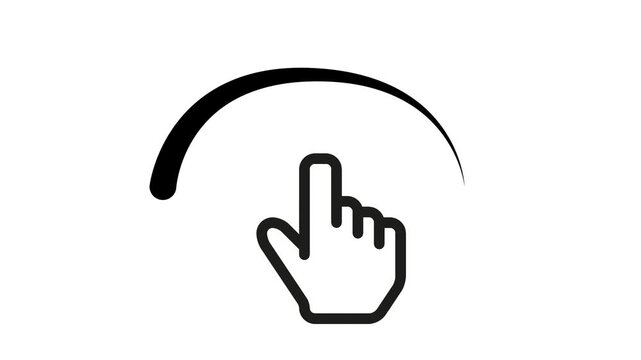 Animation of a hand cursor performing a curved swipe gesture on a white background.