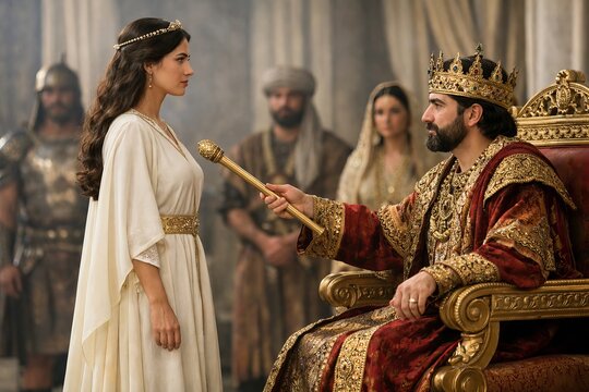 Esther standing courageously before king