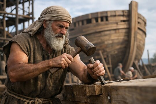 Noah building the Ark with determination and faith