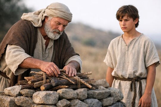 Abraham preparing altar with Isaac beside him, obedience and tension