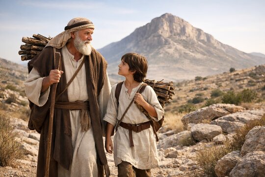 Abraham and Isaac walking together toward Mount Moriah