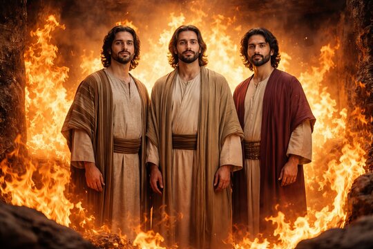 Shadrach, Meshach, Abednego standing unharmed in fiery furnace