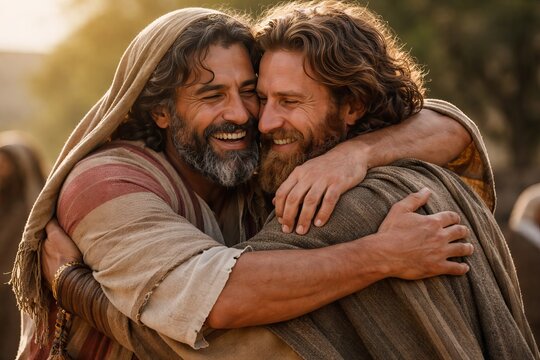 Jacob reuniting with Esau after long separation, reconciliation