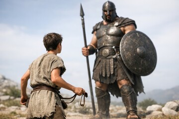 David standing with sling against giant warrior, moment before action