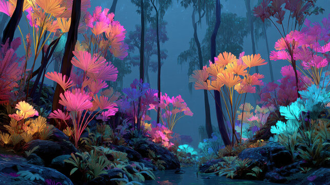 Vibrant and colorful forest landscape with lush trees, scenic natural environment, and tranquil wilderness scene perfect for outdoor adventure and nature appreciation