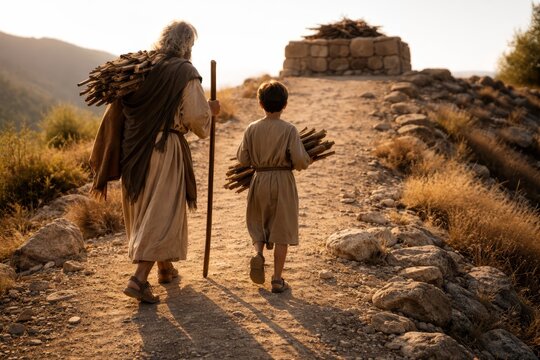 Abraham and Isaac walking uphill toward altar, long cinematic shadows