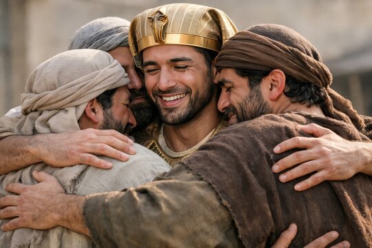 Joseph embracing brothers in emotional reunion, cinematic forgiveness