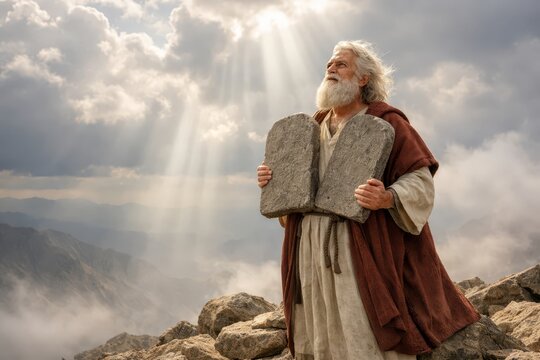 Moses receiving Commandments atop Mount Sinai, clouds and light