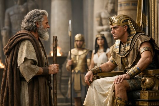 Moses standing before Pharaoh in grand hall, tension and power