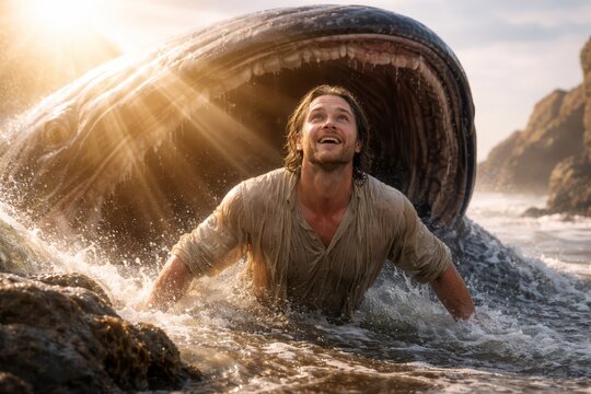 Jonah emerging alive after darkness, rebirth and light