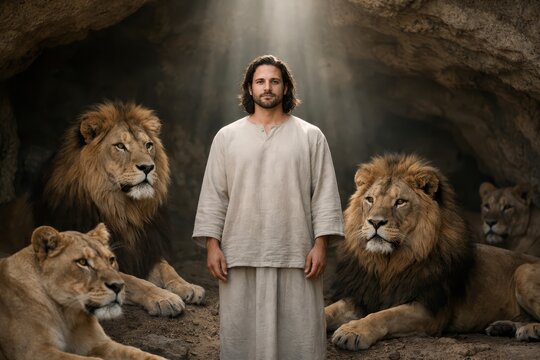 Daniel standing calmly among lions in shadowed den, divine protection