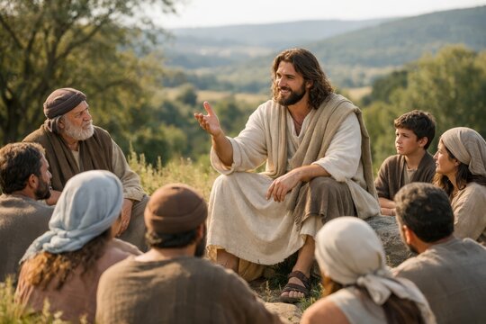 Jesus teaching parables to people in countryside, natural cinematic setting