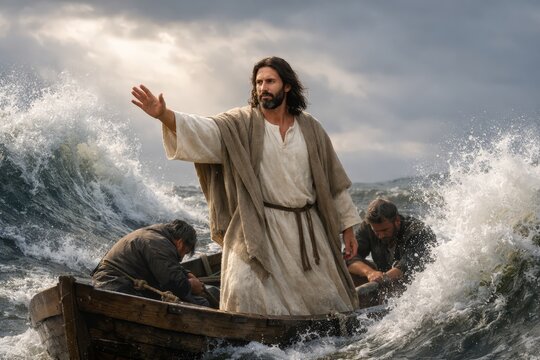 Jesus calming storm on sea, dramatic waves and quiet authority