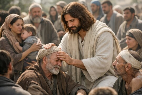 Jesus healing the sick among crowds, compassion in cinematic moment