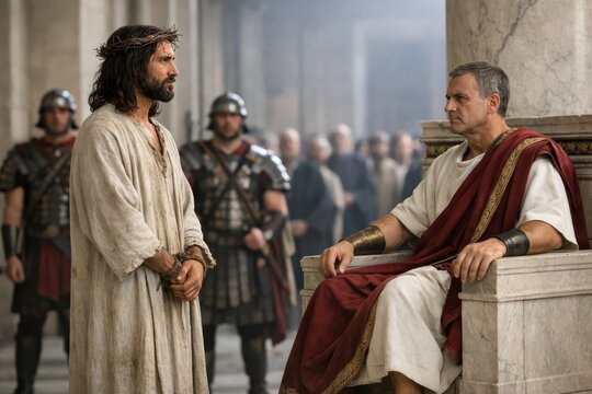 Jesus standing before Pilate in vast hall, power and stillness