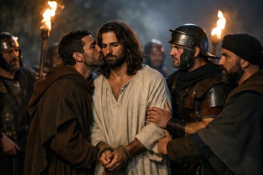 Jesus arrested in garden under torchlight, betrayal and silence