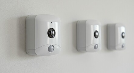 A row of white doorbells mounted on a plain wall with a modern design