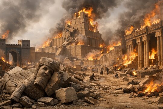 Fall of Babylon in flames, collapse of empire