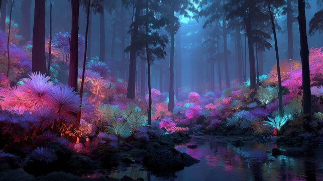 Vibrant twilight forest landscape with colorful foliage, lush trees, peaceful atmosphere, mystical environment, enchanting scenery, and natural beauty