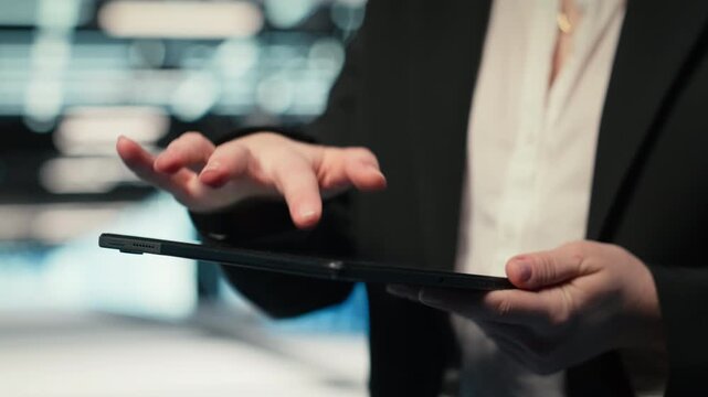 Close up of data center cybersecurity analyst using tablet to conduct security audit on IT infrastructure. Server hub professional verifying firewall settings on device, camera B