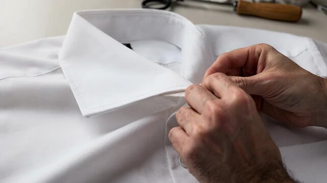Medium shot of a tailor carefully assembling a spread collar with interfacing highlighting precise topstitching and fabric layering for a crisp structured finish.