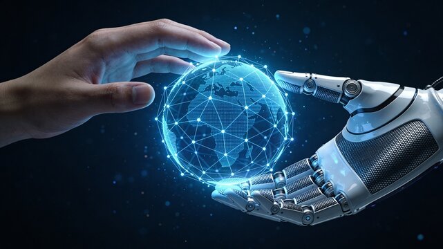 Human And Ai Collaboration Concept Hands Cradling Glowing Globe
