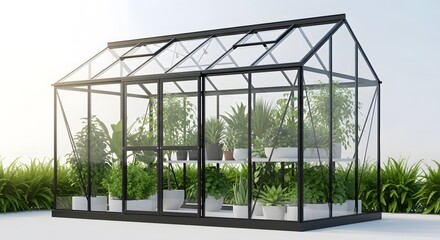 Naklejka premium Modern glass and black metal greenhouse filled with various lush green potted plants on a white background.