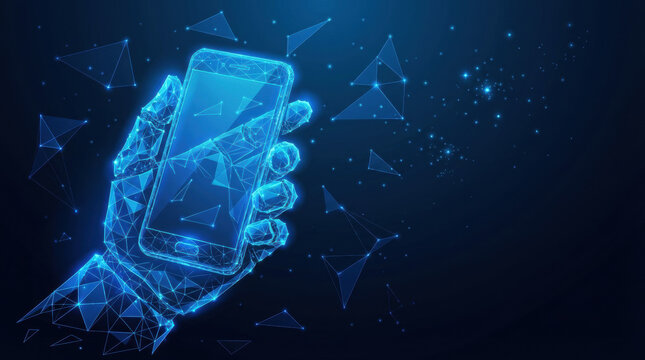 Digital wireframe hand holding smartphone with glowing blue network structure. Abstract futuristic mobile technology concept with geometric triangular connections in cyberspace.