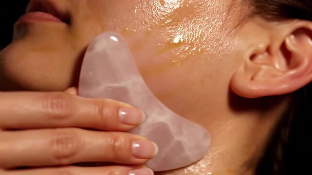Close-Up Rose Quartz Gua Sha Facial Massage Along Jawline Beauty Therapy For Relaxation And Rejuvenation