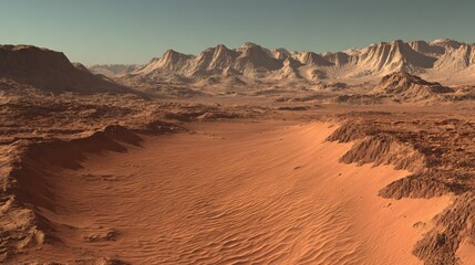 A desolate Martian valley with layered mountains and rippled sand, evoking a sense of ancient history and the planet's enduring, silent narrative of time and space.