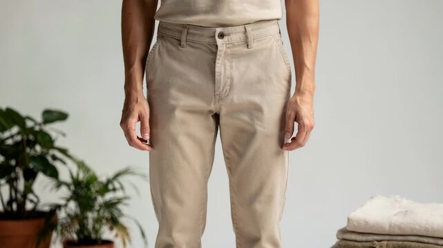Medium shot featuring undyed natural twill chinos with lowimpact dyes focusing on organic tones and environmentally conscious garment production.
