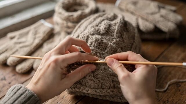 Closeup on hands skillfully knitting a cozy wool hat with intricate cable patterns surrounded by matching scarves and gloves in soft natural fibers.