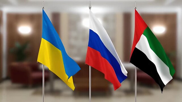 state flags of ukraine russia and the united arab emirates installed in the meeting hall symbolizing diplomatic negotiations international mediation and global politics