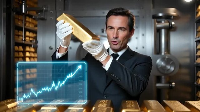businessman in white gloves holds a large gold bar in a bank vault next to a glowing holographic profit growth chart against the backdrop of numerous shelves with gold and treasures