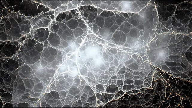 Abstract digital artwork of white branching lines on a black background, resembling a neural web with gradients that suggests motion, contrast, and energy with subtle evolution, high contras seamles