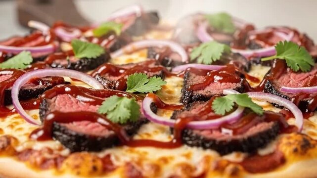 Delicious freshly baked pizza topped with onions cilantro and barbecue sauce