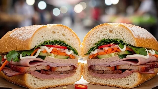 Close-up of Freshly Made Sub Sandwich Filled with Vegetables and Deli Meats in a Busy Market