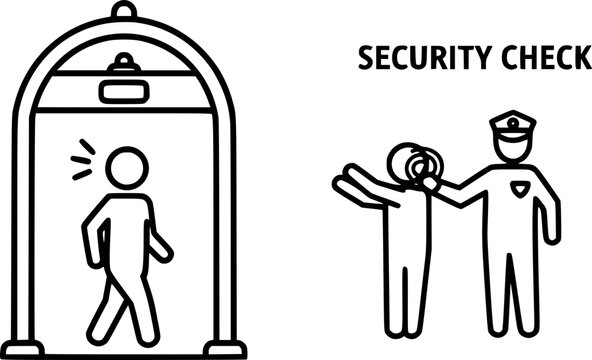 flat and linear set icons, detector metal icon, security check, frisking man, simple symbols on white and black background - editable stroke vector illustration