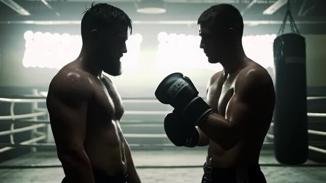 Muscular, shirtless men, one bearded, one clean-shaven, sweat glistening, pull on black boxing glove in hazy, dimly lit boxing gym with blurred bags. Intense sports training concept