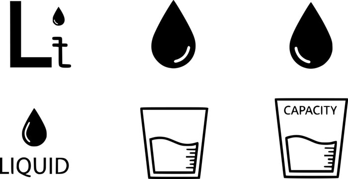flat and linear set icons, liter icon, drop liquid, capacity water, simple symbols on white and black background - editable stroke vector illustration
